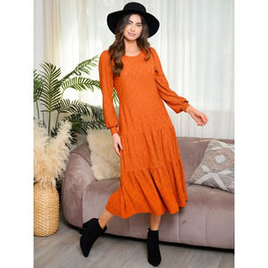 Rust Orange Long Sleeve Eyelet Knit Midi Dress